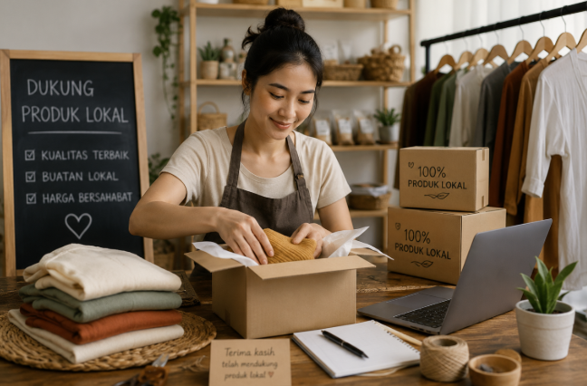 Pelaku UMKM perempuan sedang mengemas produk lokal untuk bisnis online kecil di ruang kerja minimalis dengan suasana hangat