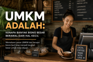 “Barista perempuan sedang menyajikan kopi di coffee shop lokal dengan desain featured image artikel tentang UMKM dan bisnis kecil di Indonesia”