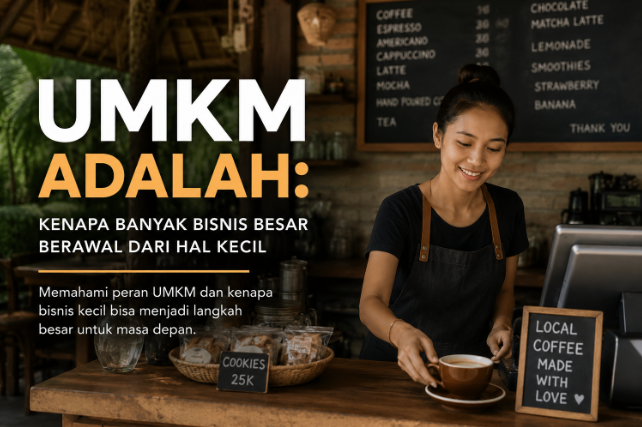 “Barista perempuan sedang menyajikan kopi di coffee shop lokal dengan desain featured image artikel tentang UMKM dan bisnis kecil di Indonesia”