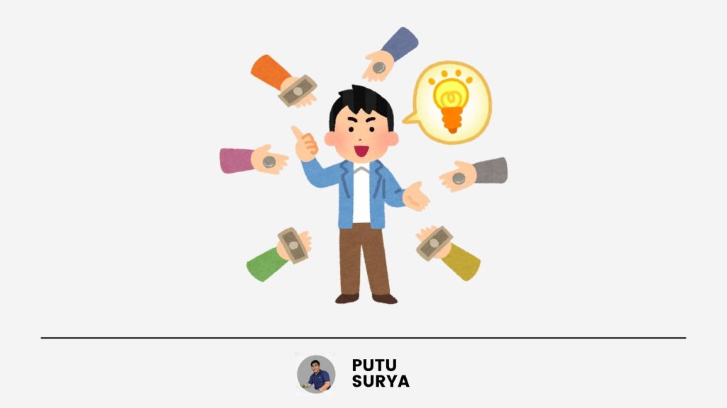 Managing personal finance illustration by Putu Surya Arysoma with businessman surrounded by money and finance icons