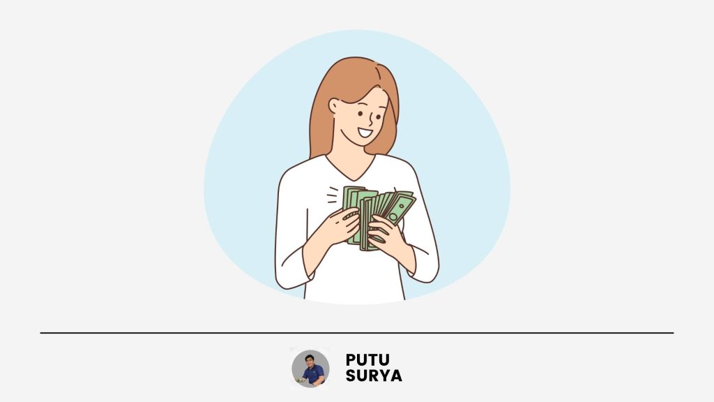 Managing personal finance illustration by Putu Surya Arysoma with woman holding cash and savings concept