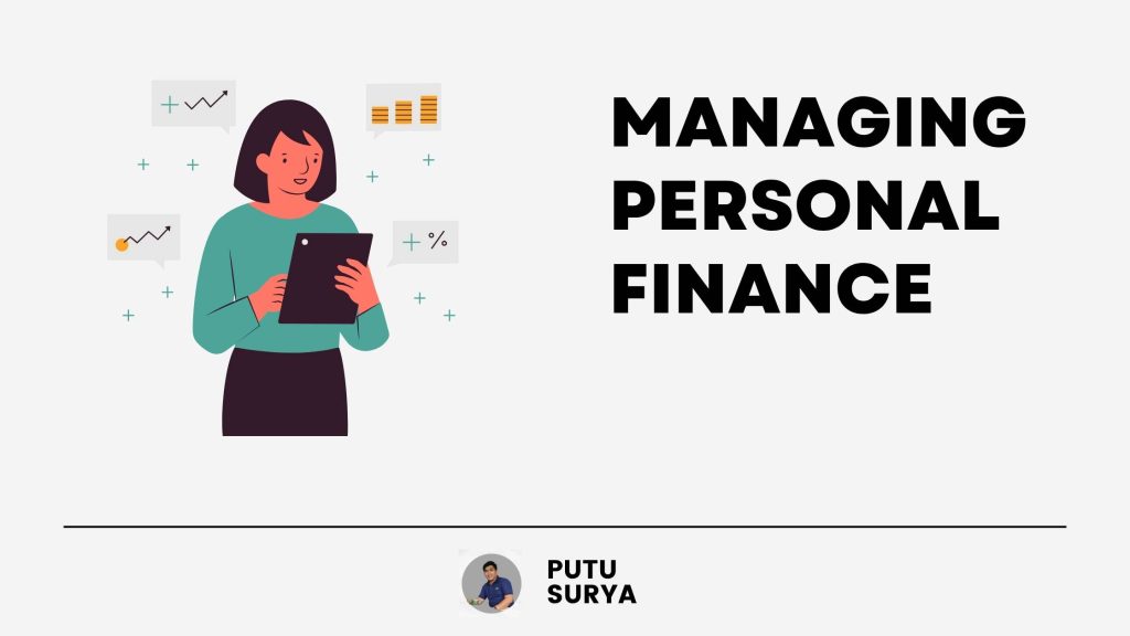 Managing personal finance illustration by Putu Surya Arysoma with woman using smartphone for expense tracking